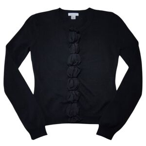 GARNET HILL Black Cardigan with Front Ruffle Silk Wool Cashmere Blend Sz XS